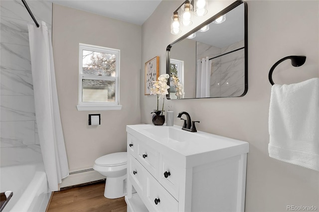 full bathroom with toilet, vanity, shower / tub combo, hardwood / wood-style flooring, and a baseboard radiator