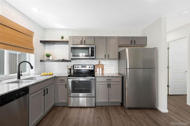 17767 E 54th Ave, Denver, CO 80249 - kitchen with stainless steel appliances, gray cabinetry, a sink, and open shelves