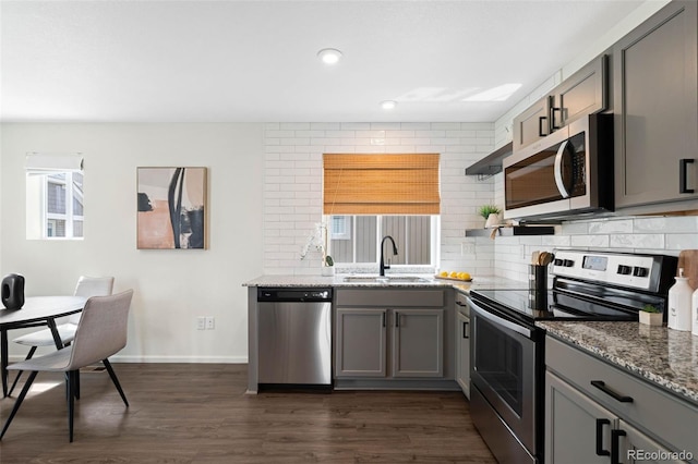 17767 E 54th Ave, Denver, CO 80249 - kitchen featuring appliances with stainless steel finishes, a sink, gray cabinets, backsplash, and recessed lighting