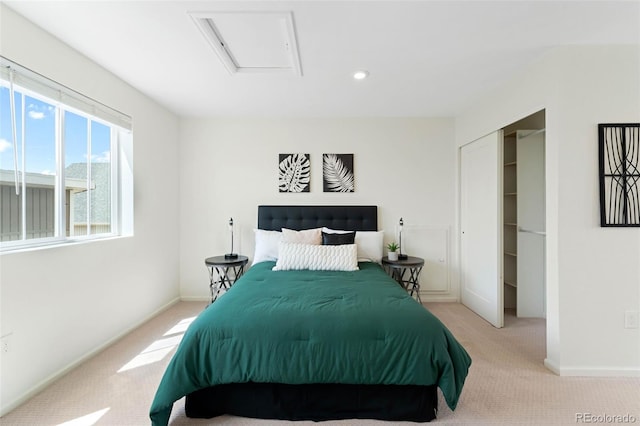 17767 E 54th Ave, Denver, CO 80249 - bedroom with light carpet, attic access, a closet, baseboards, and recessed lighting