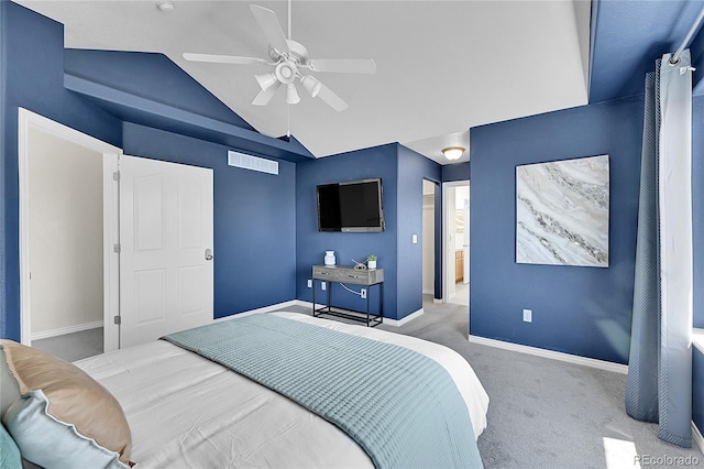 3406 Purcell St, Brighton, CO 80601 - carpeted bedroom featuring lofted ceiling, baseboards, and a ceiling fan