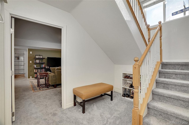 3406 Purcell St, Brighton, CO 80601 - staircase featuring carpet, vaulted ceiling, and baseboards