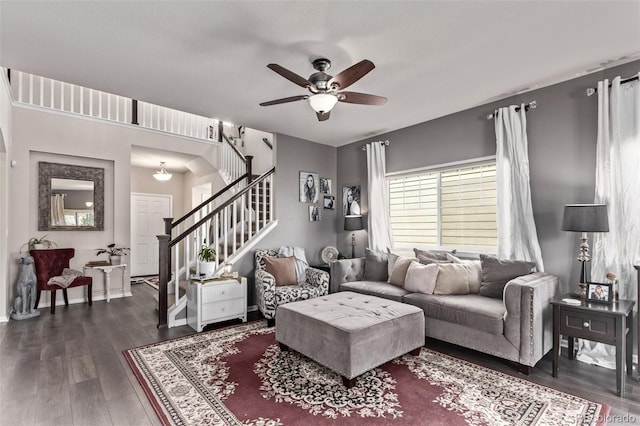 23757 Eagle Bend Ln, Parker, CO 80138 - living area featuring a ceiling fan, stairway, and dark wood-style flooring