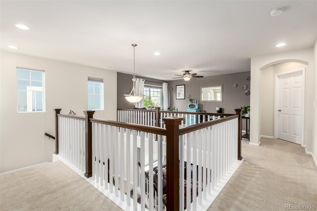 23757 Eagle Bend Ln, Parker, CO 80138 - hall featuring an upstairs landing, light carpet, recessed lighting, and baseboards