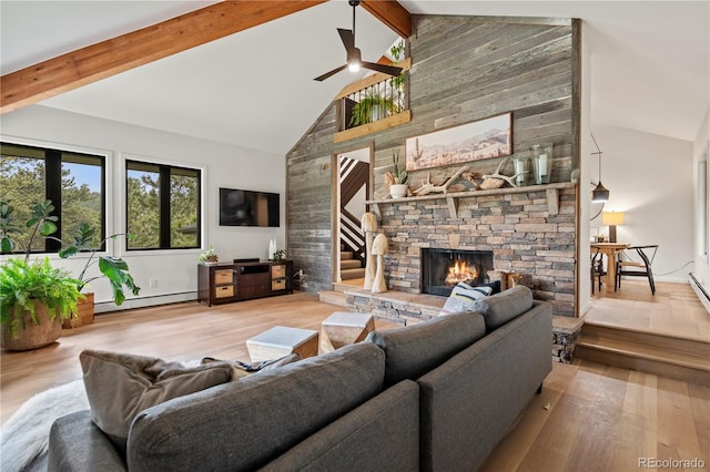 28833 Western Dr, Evergreen, CO 80439 - living room with high vaulted ceiling, wood finished floors, beam ceiling, ceiling fan, and a stone fireplace
