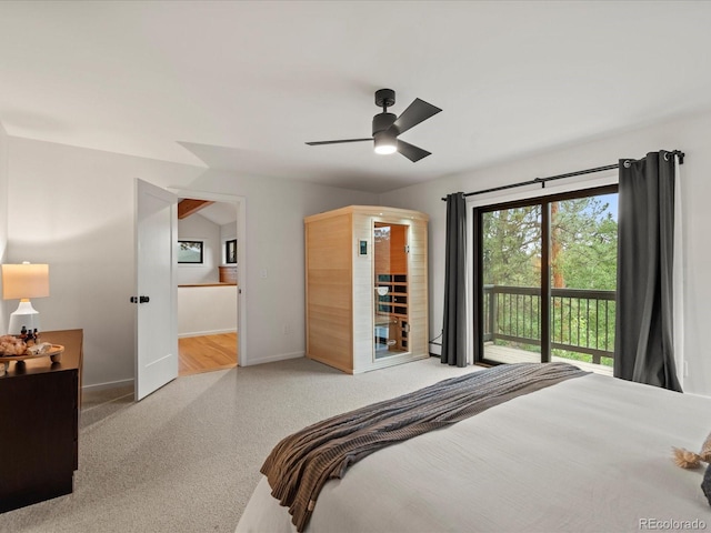 28833 Western Dr, Evergreen, CO 80439 - carpeted bedroom with access to outside and a ceiling fan