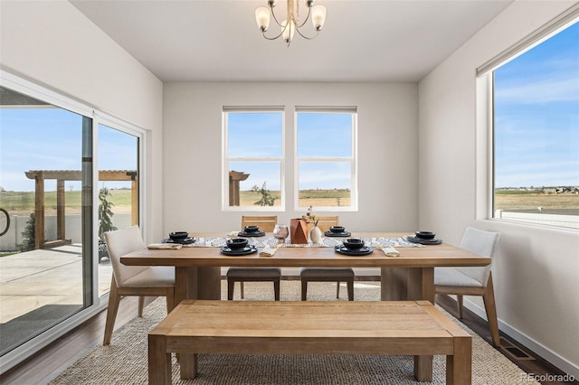 dining area featuring wood finished floors, baseboards, a healthy amount of sunlight, and a notable chandelier