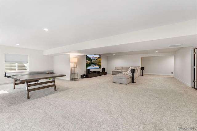 game room with carpet flooring, visible vents, and recessed lighting