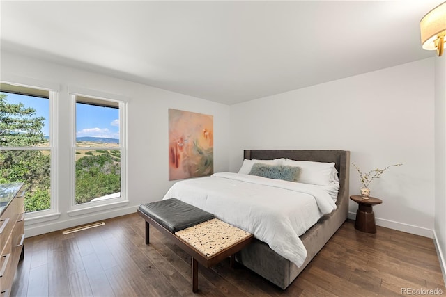 bedroom featuring multiple windows, dark wood-type flooring, and baseboards