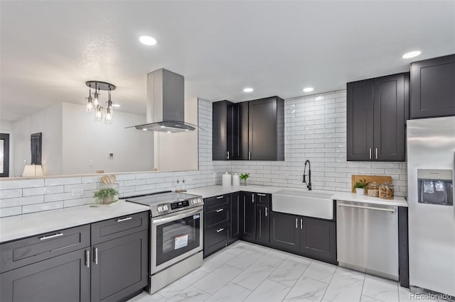 6052 Taft St, Arvada, CO 80004 - kitchen with a sink, light countertops, marble finish floor, stainless steel appliances, and extractor fan