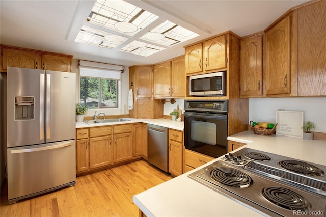 kitchen featuring light wood-type flooring, a sink, light countertops, appliances with stainless steel finishes, and brown cabinets