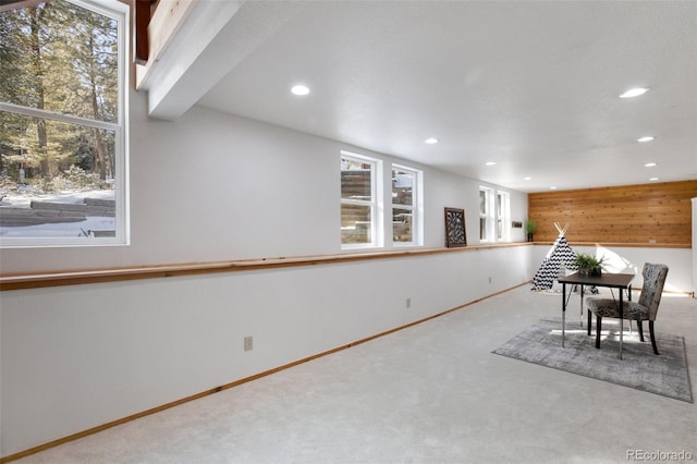 recreation room with plenty of natural light, recessed lighting, baseboards, and carpet