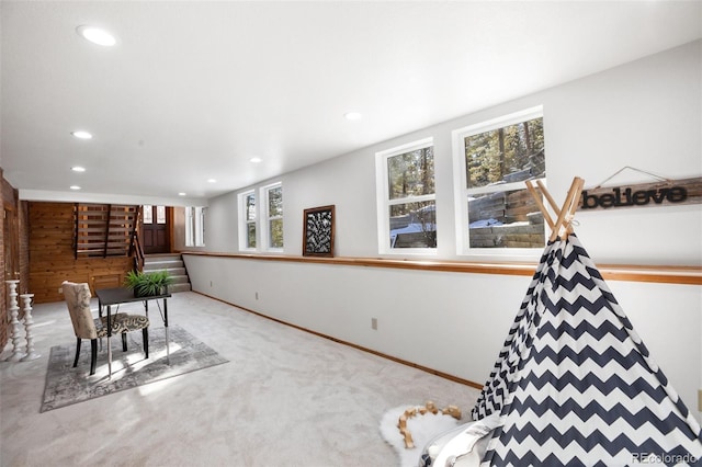 game room featuring recessed lighting, baseboards, and carpet flooring