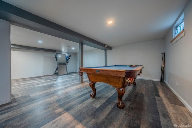 recreation room with recessed lighting, pool table, baseboards, and wood finished floors