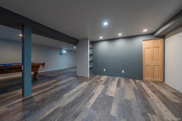 finished below grade area featuring recessed lighting, pool table, baseboards, and wood finished floors