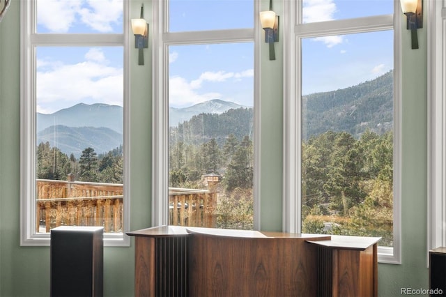 interior space with a mountain view