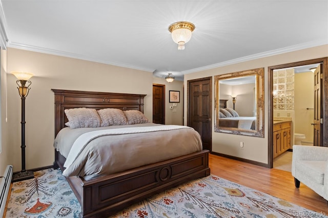 bedroom with ensuite bath, light hardwood / wood-style flooring, ornamental molding, and baseboard heating