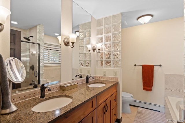 full bathroom with shower with separate bathtub, a baseboard radiator, tile patterned flooring, vanity, and toilet
