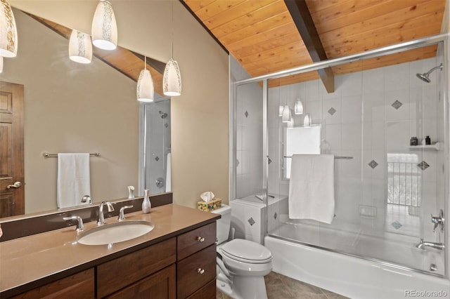 full bathroom featuring toilet, combined bath / shower with glass door, wooden ceiling, vanity, and beam ceiling