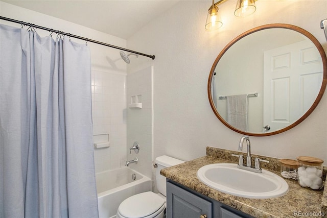 full bathroom with toilet, shower / bath combo with shower curtain, and vanity