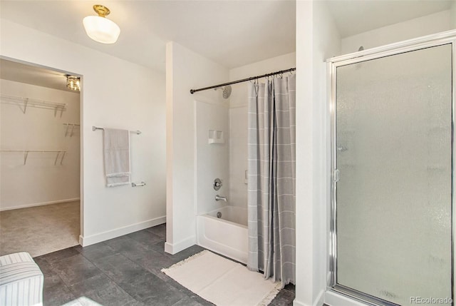 bathroom with shower / bathtub combination with curtain