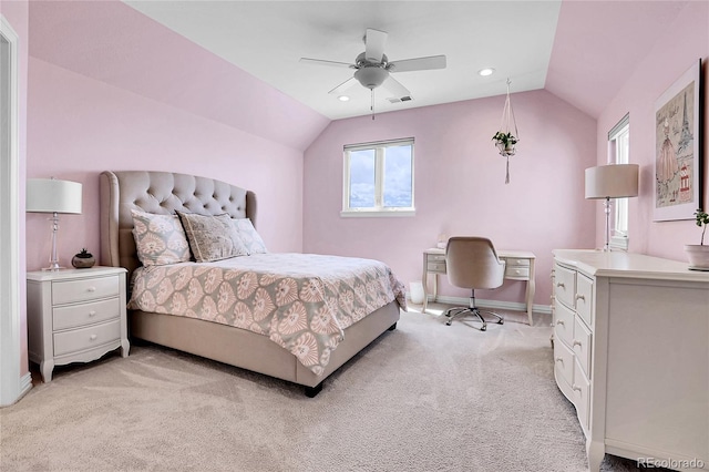 bedroom with vaulted ceiling, light colored carpet, an office area, recessed lighting, and ceiling fan