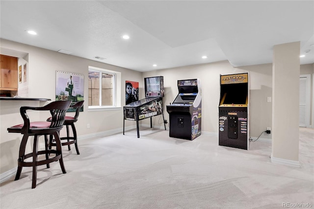 workout room featuring recessed lighting, baseboards, and carpet flooring