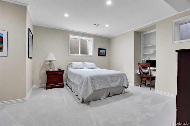 bedroom featuring carpet floors, baseboards, recessed lighting, and crown molding