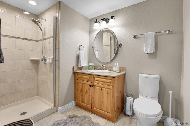 full bathroom with toilet, a stall shower, and tile patterned floors
