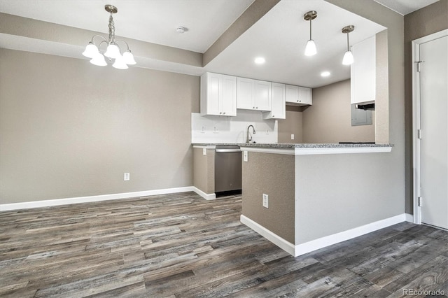 1777 S Pitkin St Unit A, Aurora, CO 80017 - kitchen featuring stainless steel dishwasher, dark wood-type flooring, white cabinetry, a chandelier, and recessed lighting