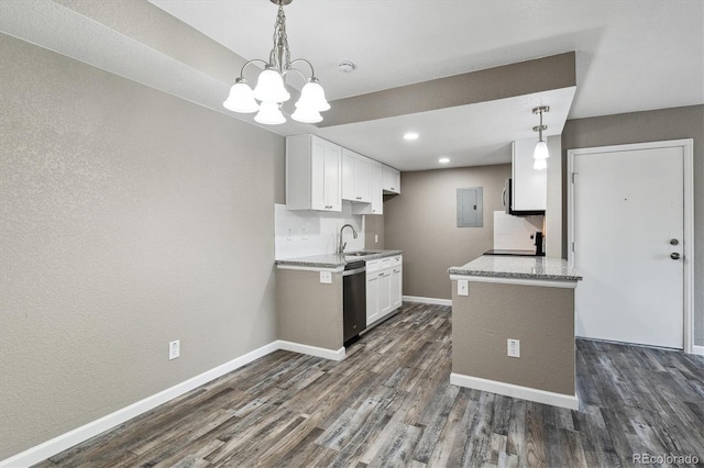 1777 S Pitkin St Unit A, Aurora, CO 80017 - kitchen featuring stainless steel dishwasher, electric panel, dark wood-type flooring, white cabinetry, and a chandelier