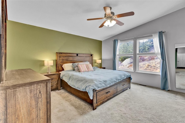 248 Copperdale Ln, Golden, CO 80403 - bedroom with lofted ceiling, light colored carpet, and a ceiling fan