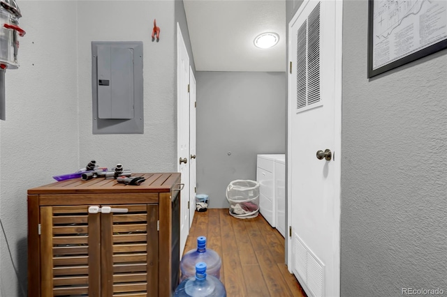 248 Copperdale Ln, Golden, CO 80403 - bathroom featuring electric panel, wood-type flooring, and beverage cooler