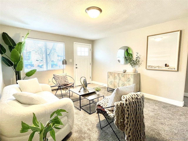 living area with a textured ceiling, carpet, and baseboards