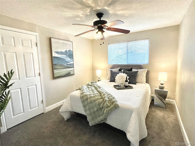 carpeted bedroom with a ceiling fan, a textured ceiling, and baseboards