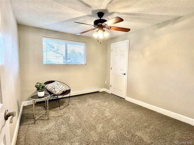 unfurnished room featuring a ceiling fan, carpet flooring, a textured ceiling, and baseboards