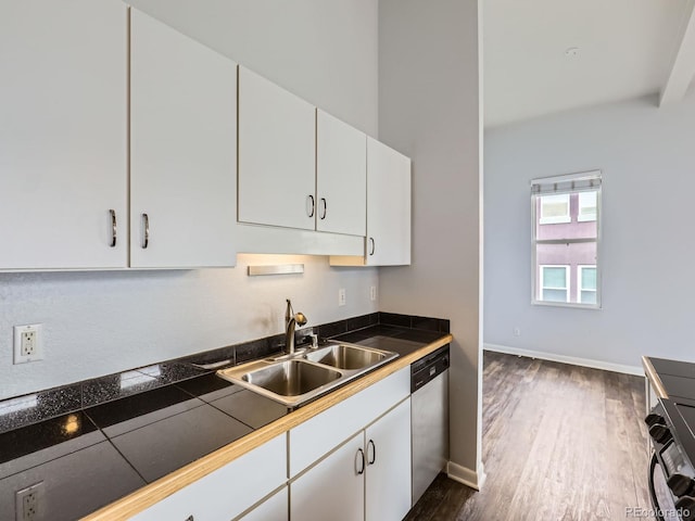 2501 15th St Unit 3D, Denver, CO 80211 - kitchen with dishwasher, a sink, white cabinetry, dark wood-type flooring, and baseboards