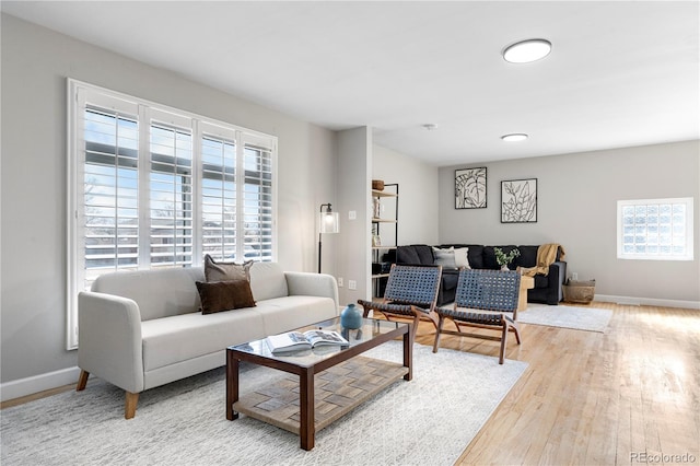 living area with baseboards and wood finished floors