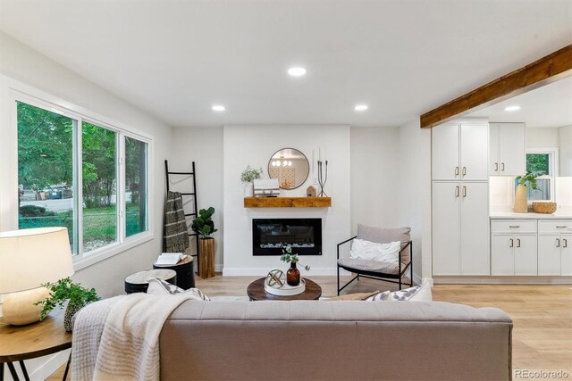 1815 Ingalls St, Lakewood, CO 80214 - living room featuring light wood finished floors, recessed lighting, and a glass covered fireplace