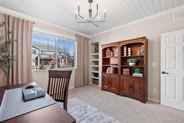 carpeted office featuring an inviting chandelier, baseboards, visible vents, and ornamental molding