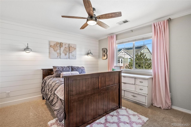 bedroom featuring a ceiling fan, light colored carpet, visible vents, and baseboards