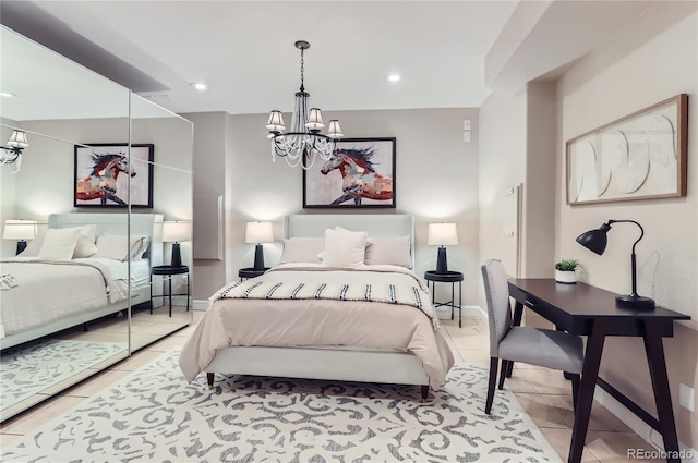 6961 Salvia St, Arvada, CO 80007 - tiled bedroom featuring a chandelier and recessed lighting