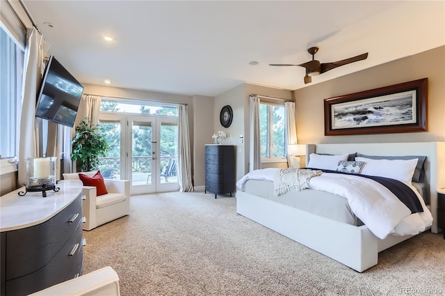6961 Salvia St, Arvada, CO 80007 - bedroom with access to exterior, light colored carpet, french doors, recessed lighting, and a ceiling fan