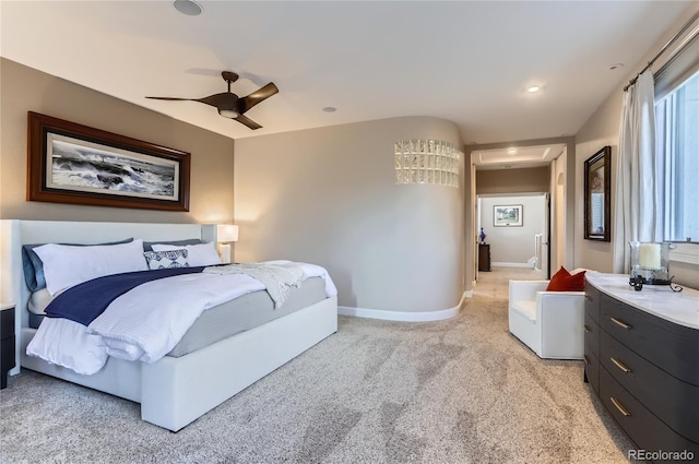 6961 Salvia St, Arvada, CO 80007 - bedroom with light colored carpet, a ceiling fan, and recessed lighting