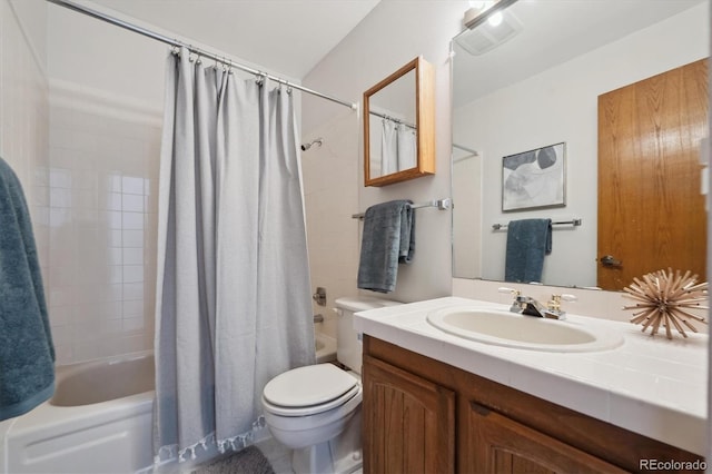 bathroom with toilet, shower / tub combo, visible vents, and vanity