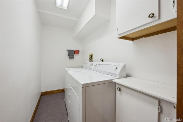 laundry room with cabinet space, baseboards, light colored carpet, and independent washer and dryer