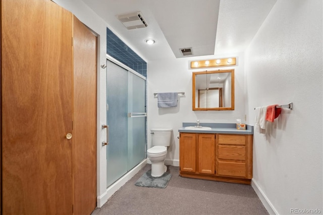 full bathroom with a stall shower, visible vents, vanity, and baseboards