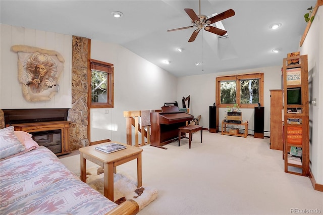 4863 Silver Spruce Ln, Evergreen, CO 80439 - living area with ceiling fan, vaulted ceiling, carpet floors, baseboards, and recessed lighting