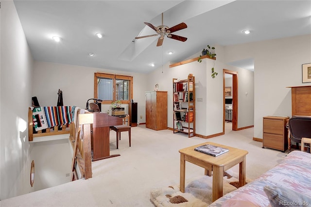 4863 Silver Spruce Ln, Evergreen, CO 80439 - office area with vaulted ceiling, light carpet, ceiling fan, and baseboards