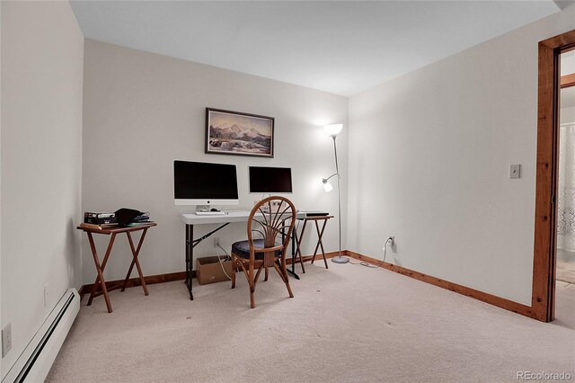 4863 Silver Spruce Ln, Evergreen, CO 80439 - office area with a baseboard heating unit, carpet flooring, and baseboards